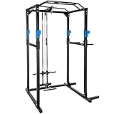 TecTake Kraftstation Fitnessstation Power Rack Power Cage | Klimmzug-Doppelstange | Robuster Rahmen aus Stahlrohr Modelle (Blau Schwarz mit Latzug | Nr. 402598)