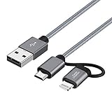 2 in 1 Lightning,[Apple MFi Zertifiziert] CableCreation Lightning zu USB Data Sync Charge Kabel, Lightning Micro USB 2-in-1 Kabel, für iPhone 6 6S 6Plus iPad Air Samsung und mehr, grau, 1.2M / 4FT