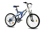 KCP 20 Zoll Mountainbike Kinderfahrrad - JETT FSF weiss blau - Vollfederung Kinder Fahrrad für Jungen und Mädchen mit 6 Gang Shimano Schaltung - für Kinder zwischen 6-9 Jahre und 1,20-1,40m Körpergröße
