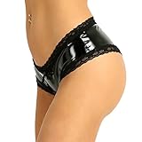iixpin Damen Hotpants Ouvert-Slip Shorts Wetlook Strings Schwarz Reizwäsche Erotik Dessous Unterwäsche mit Rüsche Schwarz L
