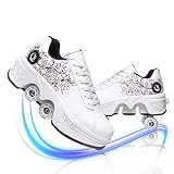2 in 1 Deformation Roller Schuhe Rollschuhe Inline-Skate Roller Turnschuhe Rädern Laufschuhe Sneakers Verstellbare Quad-Rollschuh-Stiefel,White pink,EU 41(US 9.5)