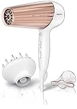 Philips DryCare Prestige Haartrockner mit MoistureProtect Sensor HP8280/00, 2300 W Föhn, Ionisierungsfunktion, 6 Gebläse- und Temperaturstufen, inkl. Diffusor & Stylingdüse, Fön weiß/rose-gold