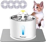 Parner Katzen Trinkbrunnen, Wasserspender für Katzen mit Wasserstand Fenster, Cat Water Fountain Rostfreier Stahl mit 4 Stück Hygienefilter & 1 Silikonmatte, Trinkbrunnen für Haustiere mit LED-Licht.