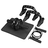 SONGMICS 4-in-1 Trainingsgeräte-Set, AB Roller Bauchtrainer, Fitnessgeräte für den Heimgebrauch, Bauchroller, Liegestützgriffe, Springseil, rutschfeste Kniematte, tragbar, schwarz SPU77BKV1