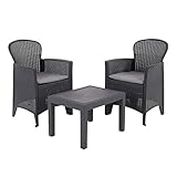 ECD Germany Poly Rattan Sitzgruppe 3 Tlg. 2 Plätze, 2x Sessel mit Sitzkissen und 1x Tisch, Grau, modernes Design, Bistro Gartenset Balkonmöbel Set Gartenmöbel Set Lounge Set für Garten Terrasse Balkon