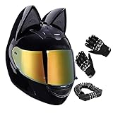 HENGGE Cat Ohr Helm, Kreativ Offroad-Motorradhelm, Herausnehmbare Innenpolster, Geeignet Für Erwachsene Männlichen Und Weibliche Katze Ohr Motorradhelme,Schwarz,L