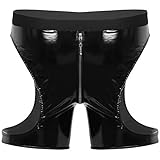 Agoky Herren Wetlook Leder Ouvert Dessous Boxershorts Langes Bein Mit Hollow Out Seite Metallic Glitzer Boxer Breifs Trunk Shorts Reißverschluss Vorne Reizwäsche Schwarz M