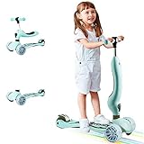 3-in-1 Kinderscooter & Laufrad & Skateboard, Kinderkickboard, Kinderroller mit Klappsitzen Abnehmbar und verstellbar, 3 Räder mit Licht, für Kinder ab 3 Jahre (Macaron-grün )