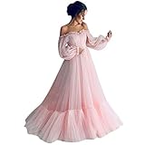 Sisifa Damen Sommer Schulterfrei Puff-Sleeve Cocktailkleid Trägerlos Gittergewebe Falten Tutu Party Maxi Lange Kleid