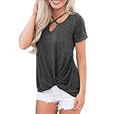 TIFIY Damen Kurzarm Knoten Bluse Vordere Kreuz Tops Sommer Sweatshirt Elegante V-Ausschnitt Tunika (Schwarz,EU-34/CN-S)