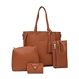 Dorical Damen Handtasche 4 Pcs Set Damen Elegant Handtasche Schultertasche Portemonnaie Tragetasche Taschen Handtaschen/Crossbody Schultertasche Leichte Stylische Tote Bag für Frauen(Braun)
