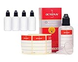 Octopus 5 x 50 ml Liquidflaschen mit Trichter + Etiketten, z.B. für E-Liquids + E-Zigaretten, Plastikflaschen aus PE LDPE, Liquid Dosierflaschen, Tropfflaschen BZW. Quetschflaschen + Schwarze Deckel