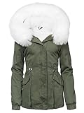 Trisens Damen Winter Jacke 3in1 Pelz Kapuze 100% Baumwolle Fell Kragen WARM, Größe:L, Farben:Olive-Weiß