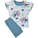 Evoni Damen Pyjama, Kurzarm mit Blumen-Druck, blau, XXL