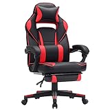 SONGMICS Gamingstuhl, Schreibtischstuhl mit Fußstütze, Bürostuhl mit Kopfstütze und Lendenkissen, höhenverstellbar, ergonomisch, 90-135° Neigungswinkel, bis 150 kg belastbar, schwarz-rot OBG73BRV1