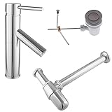 PaulGurkes Armaturen Set Waschtisch Batterie Wasserhahn Siphon Excenter Zugstange rund Einhandmischer Flaschensiphon Geruchsverschluss Ablauf Garnitur Abfluss Messing hochwertig verchromt
