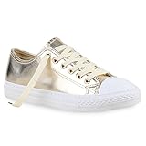 stiefelparadies Damen Sneakers Mehrfarbig Metallic Turn Sneaker Low Freizeit Flats Glitzer Schuhe 130111 Gold Metallic 37 Flandell