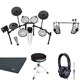 Roland TD-07KV elektronisches Kit Mesh-Head + Robustes Roland Double-Bassdrum-Pedal mit Noise + RH-5 Kopfhörer, Schwarz, Runder Roland Drum-Hocker mit Velour-Sitz – RDT-R + TDM-10 Drum-Teppich