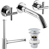 PaulGurkes Set Waschtischarmatur 3-Loch Waschtischbatterie Unterputz Wasserhahn Kreuzgriff Bouncing Popup Excenter mit Überlauf verchromt Siphon Abfluss rund Geruchsverschluss Ablauf