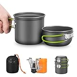 Magicfun Camping Kochgeschirr Set, Picknick Geschirr mit 2 Aluminium Faltbar Topf und 1 Mini Campingkocher mit Piezo-Kocher, Portable Leichte Outdoor Kochset Kochtopf, Wandern Cookware Set