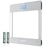 Amazon Brand – Eono Digitale Personenwaage mit hochpräzisen Sensoren und gehärtetem Glas, besonders schlankes Design, Step-on-Technologie, Premium-Anzeige mit Hintergrundbeleuchtung (kg/lbs/Stone)