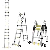 FIXKIT 5M Alu Teleskopleiter Klappleiter ausziehbare Leiter Teleskop-Design 150 kg Belastbarkeit mit 2 Rollen