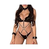 Damen Reizwäsche Sex BodyLeder Brust Harness PU Leder Halsband mit Kette, Sayla Sexy String Bodysuit Ouvert Latex Einteilige Dessous Set,ClubKleid Erotik Baby Doll Unterwäsche Cosplay