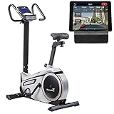skandika Ergometer Morpheus, Fitnessbike, Heimtrainer mit Steuerung und Street View Funktion, Pulsgurt, 32 einstellbare Widerstandseinstellung und Multifunktionscomputer mit Kalorienverbrauch (silber)