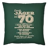 Tini - Shirts Jäger Deko-Kissen 70.Geburtstag - Sprüche-Kissen Jäger 70 Jahre : Dieser Jäger ist 70 Bitte helfen Sie ihm auf den Hochsitz - Jagd Zubehör - Kissen mit Füllung - Farbe : dunkelgrün