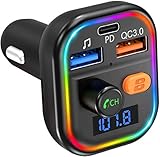 VicTsing FM Transmitter Auto Bluetooth, PD 18W & QC 3.0 Schnellladung, Deep Bass Bluetooth Adapter Auto mit 9 LED Farblicht, KFZ MP3 Player Kit Unterstützt 64GB USB-Stick TF Karte, Siri