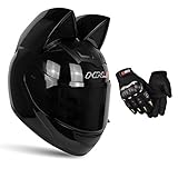 Verbesserte Katze-Ohr-Motorrad-Sturzhelm Mit Handschuhen, Männer Frauen Flip Up Visiere Öffnen Motocross-Helm Für Streetscooter-Moped-Fahrrad-Motoren (Schwarz,M)