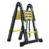 Aufun Teleskopleiter Faltbar 5m Alu-teleskopleiter Rutschfester Klappleiter Schiebeleiter Sprossenleiter Ausziehleiter Teleskop-Design Mehrzweckleiter max 150 kg Belastbarkeit, Schwarz + Gelb