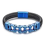 JewelryWe Schmuck Herren Lederarmband Edelstahl Fahrradkette Motorradkette Geflochten Leder Armband Armreif Blau Schwarz