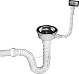 Intelmann Siphon flexibel für Spülbecken mit Überlauf Ø 90mm PVC Ablaufgarnitur Edelstahldeckel Ø 90mm Edelstahlsiebkorb für Spülbecken, weiß, Standard Serie