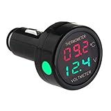 2 in1 Auto Zigarettenanzünder, Digital 12V/24V Voltmeter Thermometer Multi-Funktion KFZ Ladegerät für PKW LKW (Grün + rot)