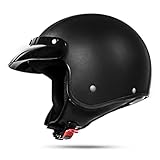 ATO Moto Classic Leder Jethelm Motorradhelm in Schwarz matt extrem leicht ECE 2205 - Größe: L 59-60cm