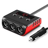 Auto Zigarettenanzünder Adapter, SONRU USB Auto Ladegerät mit 3 Fach Verteiler und 4 USB Ports, 120W 12V/24V KFZ Steckdose mit LED Voltmeter Getrennte Schalter für GPS Dash Cam iPhone Android