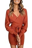 ZIYYOOHY Damen Elegant Pulloverkleid Strickkleid Tunika Kleid V-Ausschnitt Langarm Minikleid Mit Gürtel (M(38), Ziegelrot)