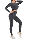 SHAPERIN Sport Set Damen Fitness Yoga Outfit Push up Sport Leggings Langarm Sportshirt Crop Tops 2 Teiler Kompression Trainingsanzug Sportanzug Gym Set(#1 Black,L)