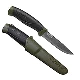 Morakniv Companion Messer mit Edelstahlklinge, abrutschfestem Griff in Olive-schwarz und Messerholster mit Gürtelclip