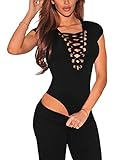 MAX MALL Damen Tiefer V-Ausschnitt Bodysuit Lace Up Tie Stretch Leotard Tops Overalls (S, Schwarz)