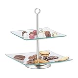 Relaxdays Etagere, 2 stöckig, eckig, Cupcake, Kekse, Obst, Muffin, Servierständer, Glas, Edelstahl, silber/transparent