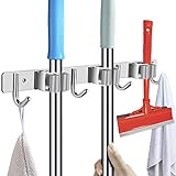 POPRUN Edelstahl Gerätehalter - Besenhalterung für die Wand, Besenhalter Selbstklebend von Gartengeräte(Inkl. Schrauben und Klebestreifen) - 3 Halter und 4 Haken, Grau