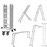 HENGMEI Mehrzweckleiter Aluminium mit plattform 4,7m Multifunktionale Klappleiter Arbeitsleiter Haushaltsleiter bis 150kg, 16 Stufen mit 2 Gerüstplatten