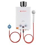 Camplux BW158C Gasdurchlauferhitzer mit Regenhaube, Tankless LPG Durchlauferhitzer Tragbar 6 Liter, 12kW, 50mbar, für Campingdusche Pferdedusche
