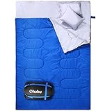 Doppelschlafsack, Ohuhu Schlafsack 220 x 150cm Erwachsene Deckenschlafsack mit 2 Gratis Kissen und eine Tragetasche, Vier Doppel Zippern, Angenehme Temperatur für Outdoor, Camping (Blau)