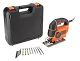 Black+Decker Stichsäge (620W, max. 90 mm Schnitttiefe, variable Hubzahl, Softgriff, Sight-Linie, Schutzbügel, Sägeblasfunktion, inkl. 10 Stichsägeblätter & Koffer) KS901PEKA
