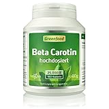 Beta Carotin, 25000 iE, extra hochdosiert, 180 Kapseln – Vorstufe von Vitamin A (gesunde Haut, gute Augen). OHNE künstliche Zusätze. Ohne Gentechnik. Vegan.