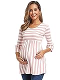 Love2Mi Damen Schwanger Oberteile 3/4 Ärmel Umstandsshirts Streifen Lose Umstandstops Mama Kleidung, Rosa Streifen, M