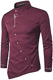 WHATLEES Herren urban Basic lang geschnittenes Hemd mit asymmetrisches und aufgesticktes Design Stehkragen B404-Red-L